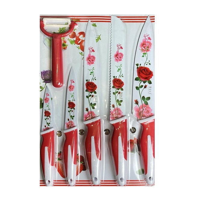 Set 5 Cutite si curatator legume, ceramica, multicolor-rosu