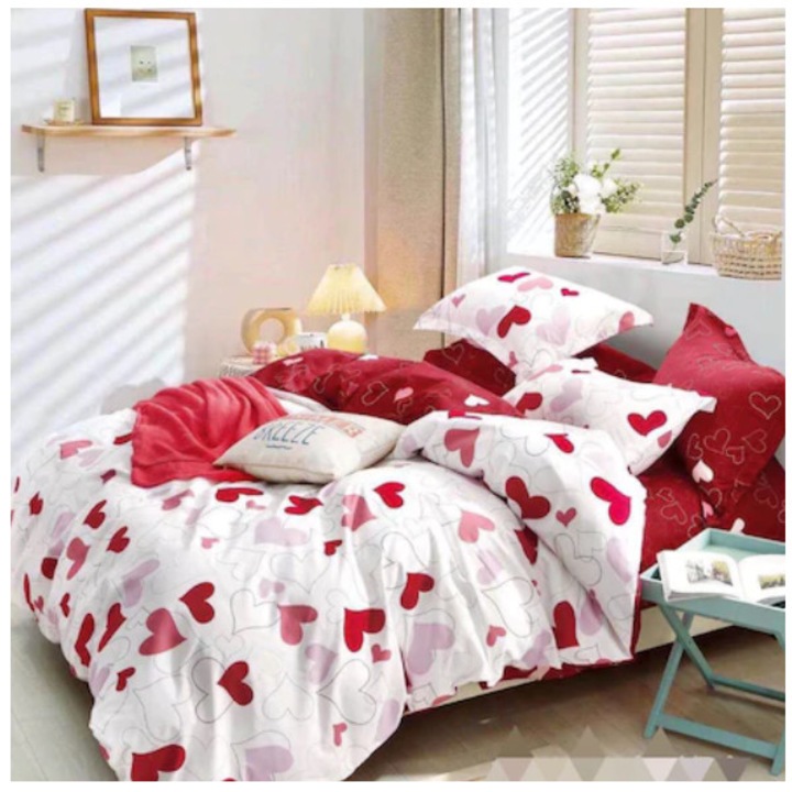 Set 6 piese Lenjerie de pat din finet satinat cu 2 fete , cu inimi , 245 x 250 cm