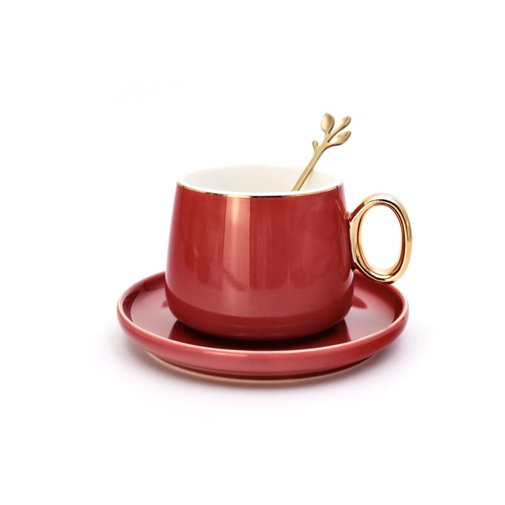 Set ceasca de cafea cu lingurita si farfurie, ceramica, rosu, 330 ml
