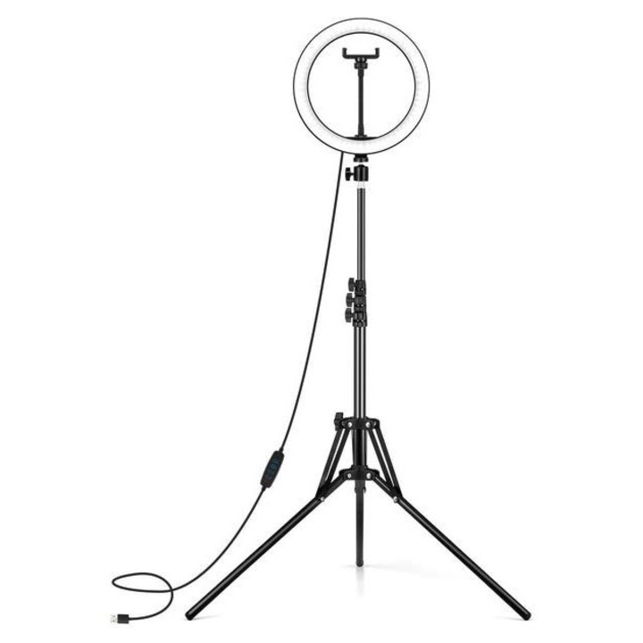 Lampa circulara Ring Light, diametru 26cm/10inch LED, conectare USB, 3 moduri de lumina, 10 trepte reglaj, suport telefon, telecomanda selfie, trepied 210cm inclus