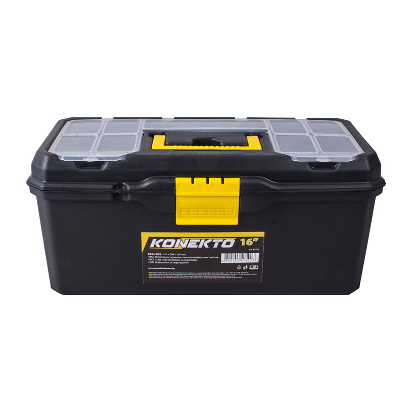 Cutie de scule detasabila KONEKTO 16'', Catarama dubla, Cu un maner si capace organizatoare alb transparent, Negru-Galben, PVC, 41 x 40 x 18 cm