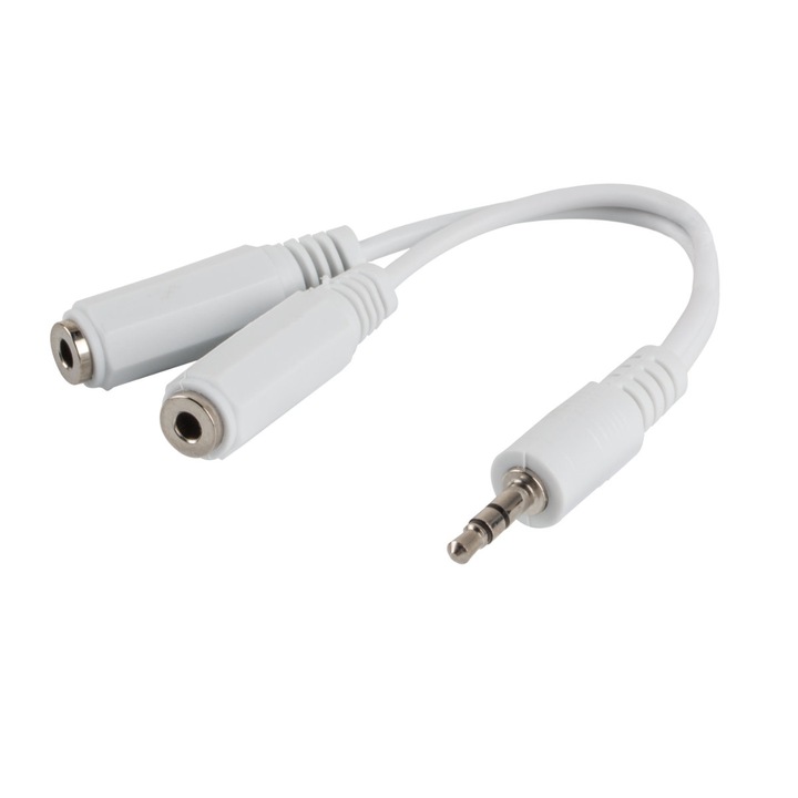 Splitter adaptor audio stereo jack 3.5 mm 3 pini tata la 2 x jack 3.5 mm 3 pini mama, Lanberg 40993, cu cablu 10 cm, alb