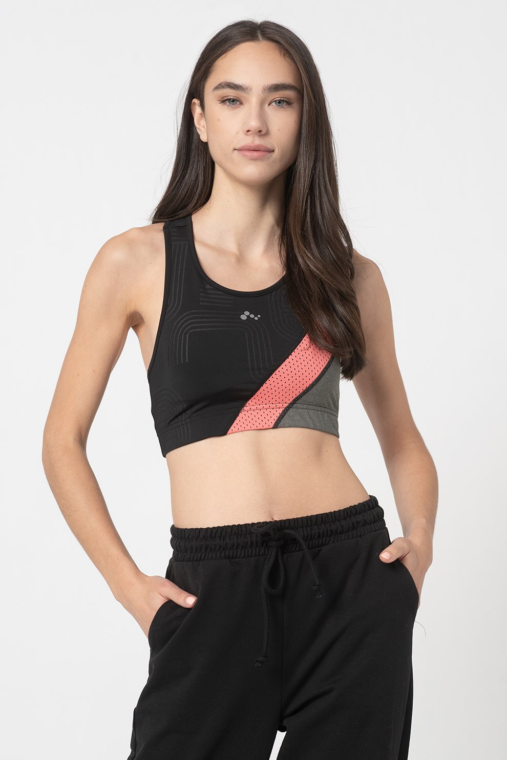 Only Play, Bustiera cu model colorblock Joki, Negru/roz/gri inchis