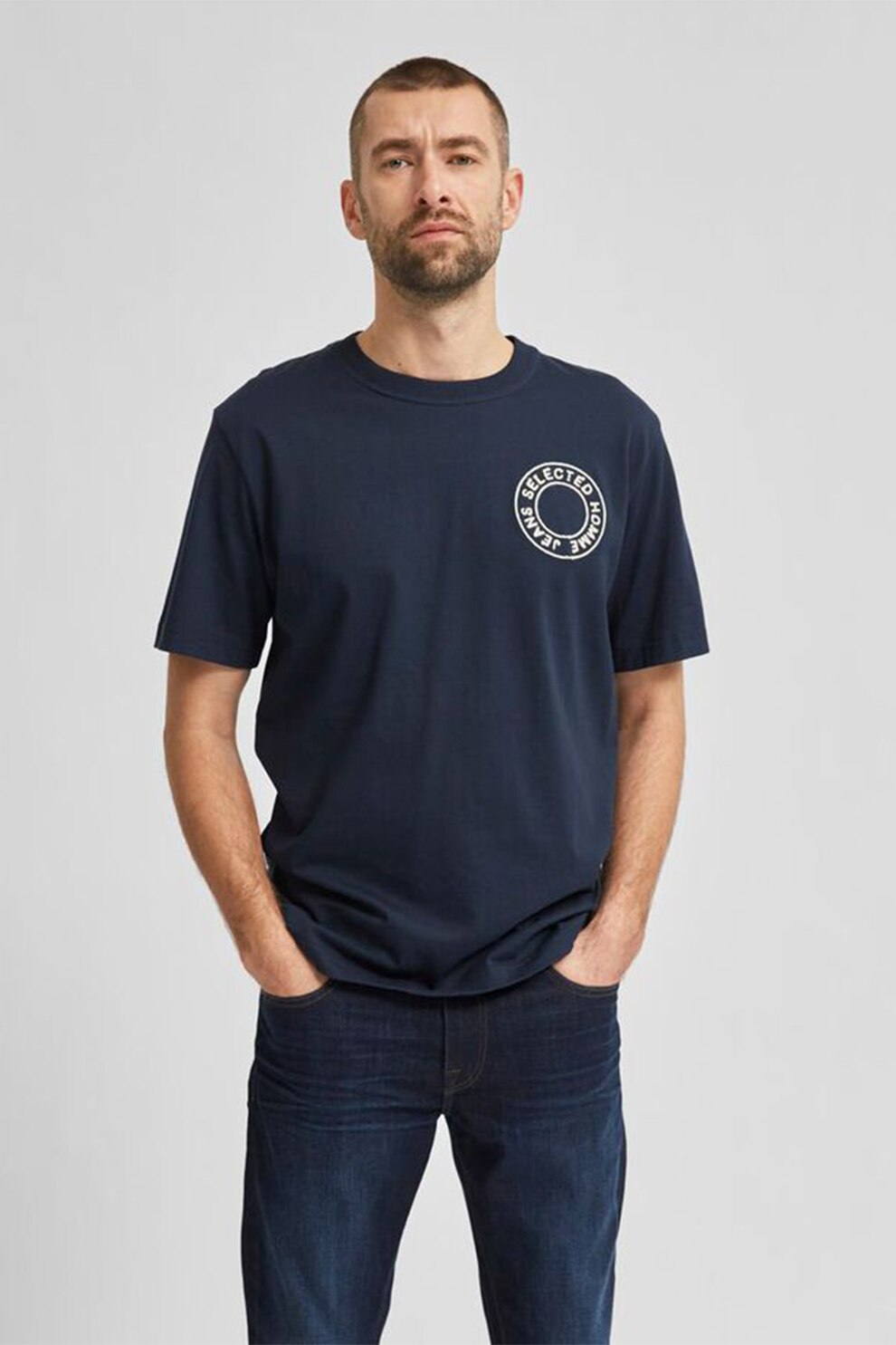 Selected Homme, Tricou din bumbac organic cu logo, Bleumarin