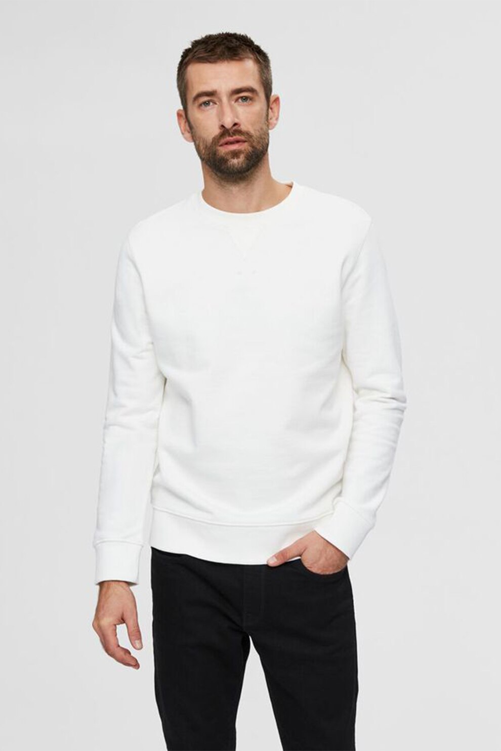 Selected Homme, Bluza sport din bumbac organic cu decolteu la baza gatului, Alb, XL