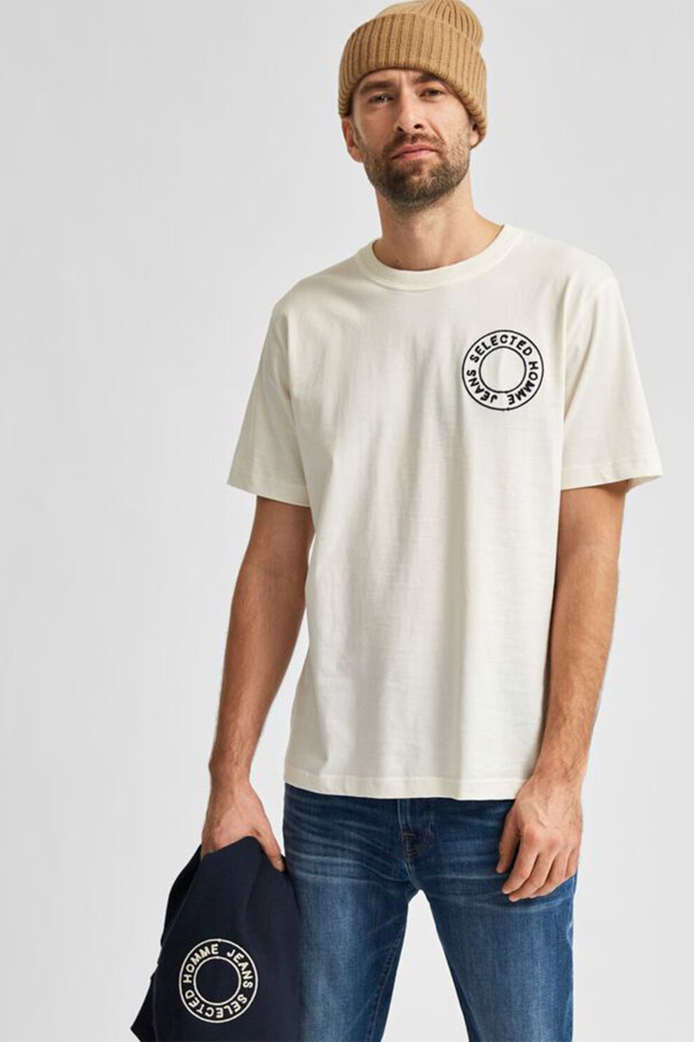 Selected Homme, Tricou din bumbac organic cu logo, Alb prafuit