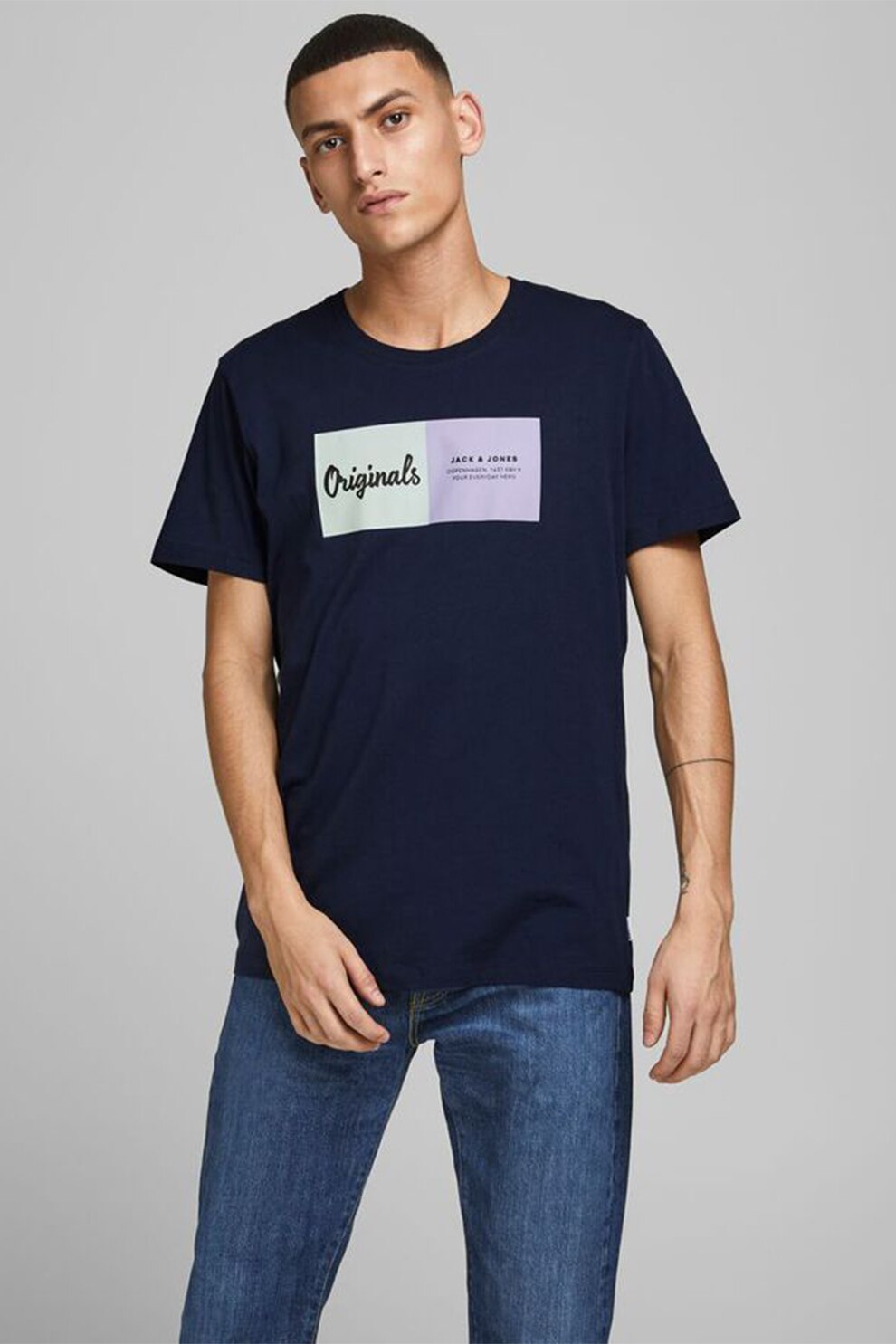 Jack&Jones, Tricou cu decolteu la baza gatului si imprimeu logo, Bleumarin