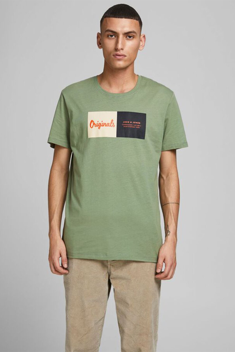 Jack&Jones, Tricou cu decolteu la baza gatului si imprimeu logo, Verde sparanghel