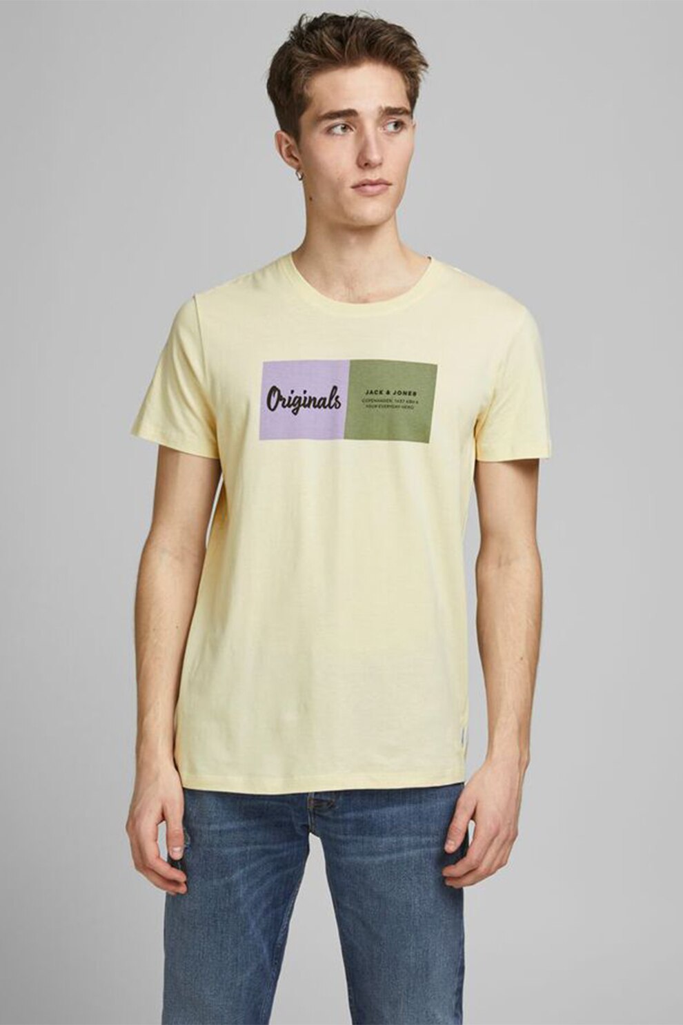 Jack&Jones, Tricou cu decolteu la baza gatului si imprimeu logo, galben pal
