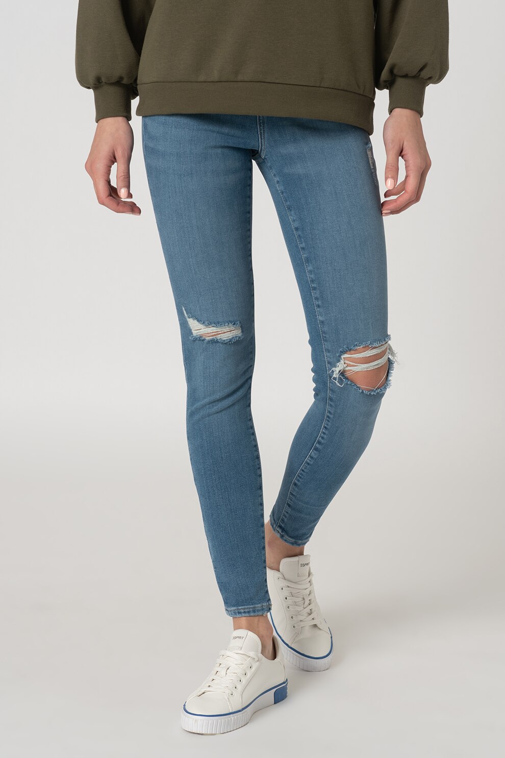 Only, Blugi skinny cu rupturi decorative in zona genunchilor Blake, Albastru prafuit/Alb