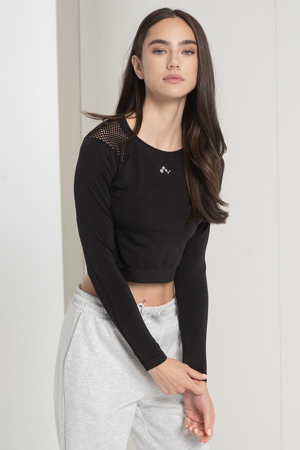 Only Play, Bluza crop cu insertii din plasa Jabril, Negru