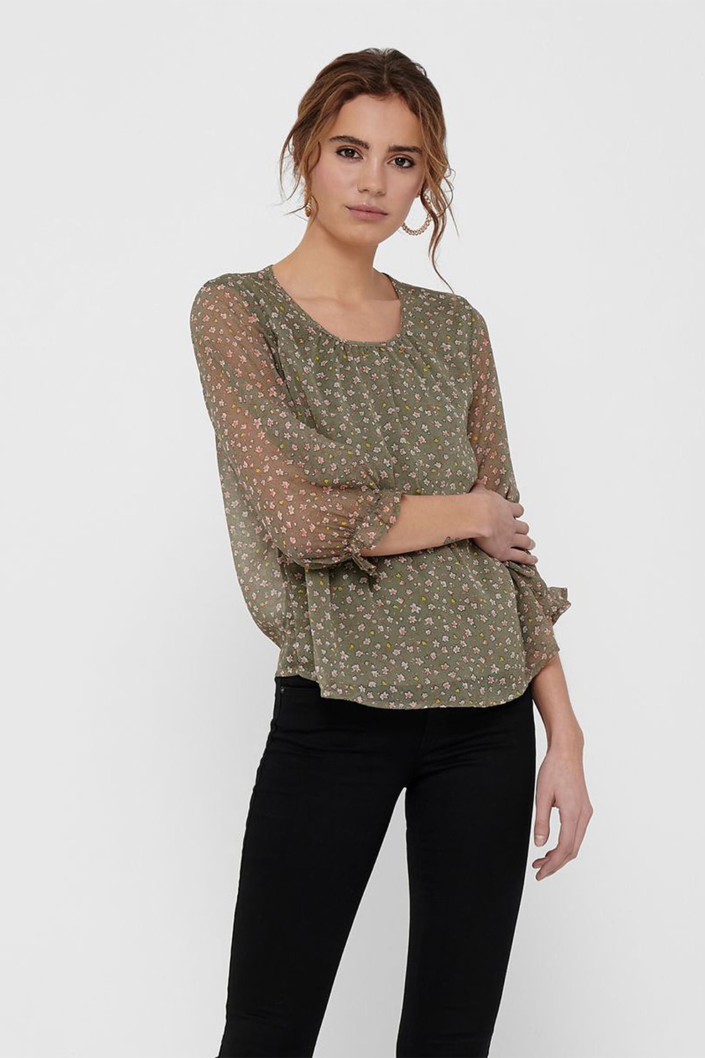 JdY, Bluza cu imprimeu floral si decolteu rotund, Verde