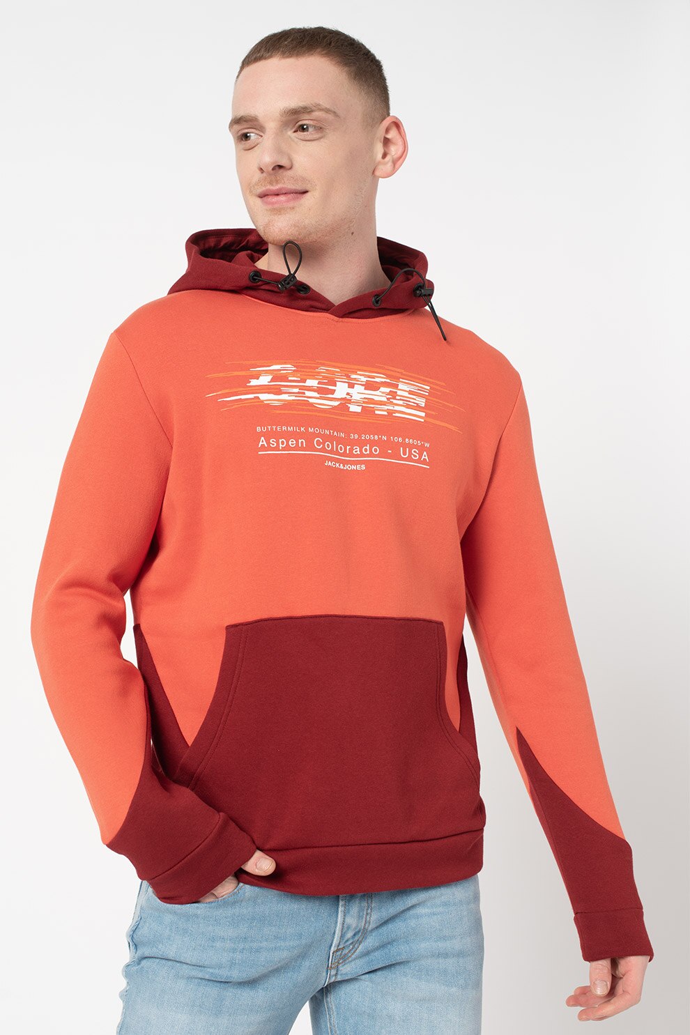 Jack&Jones, Hanorac cu model colorblock si imprimeu text Ron, Oranj/Rosu Bordeaux, XL