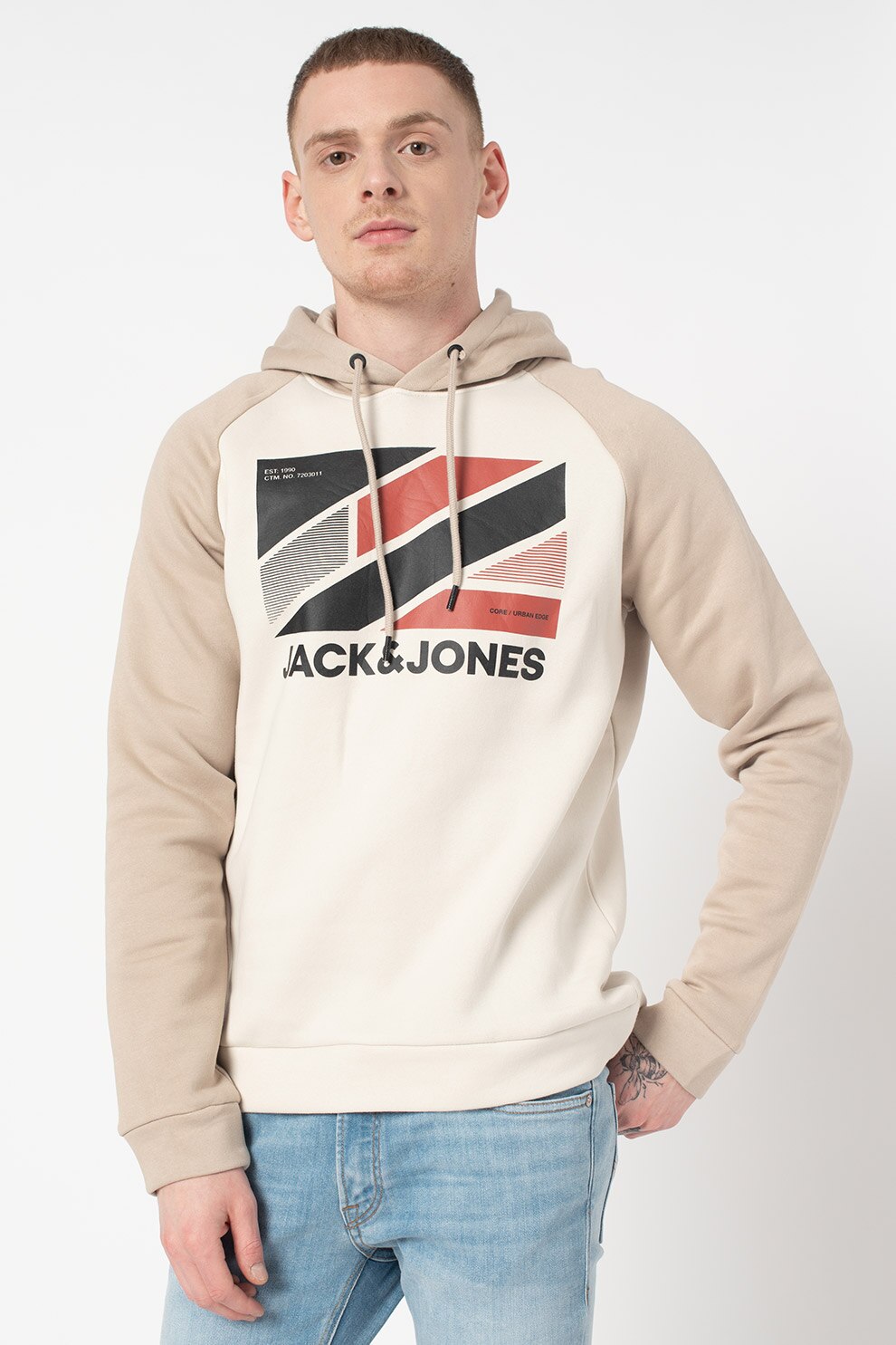 Jack&Jones, Hanorac cu imprimeu logo supradimensionat Star, Maro nisip/Maro camel/Negru