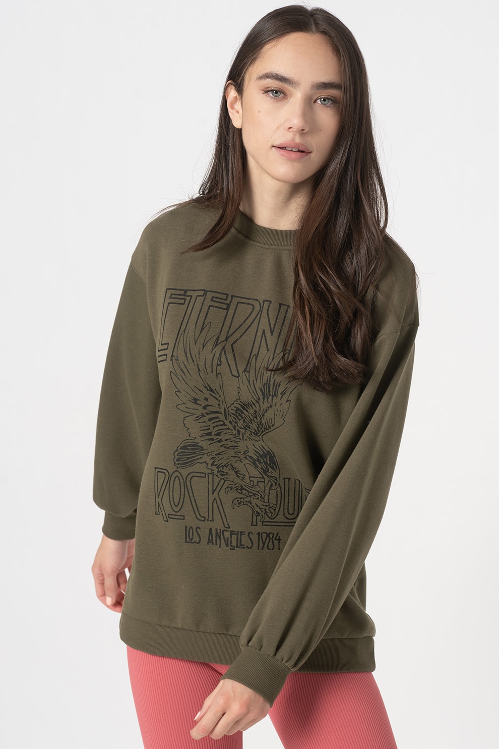 Vero Moda, Bluza sport cu imprimeu grafic Natalie, Verde militar/Negru