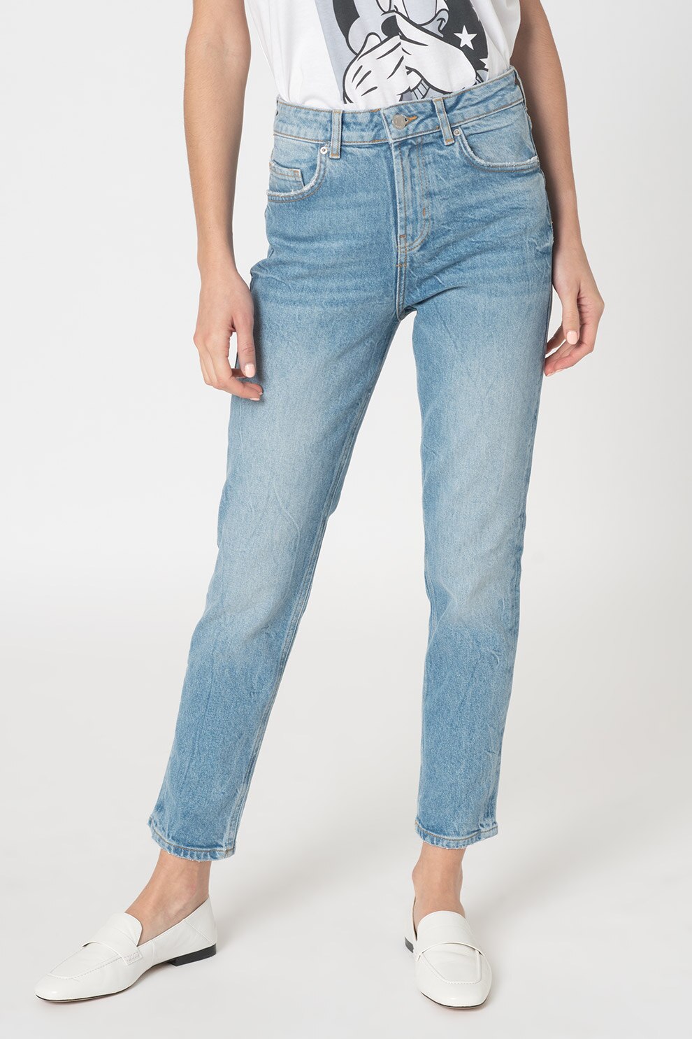 Vero Moda, Blugi cu talie inalta si croiala dreapta Tracy, Bleu/Alb