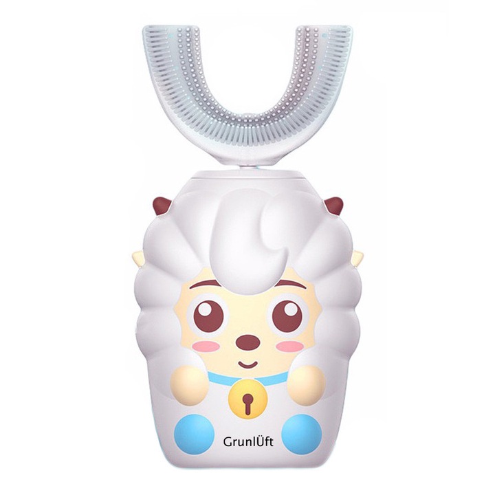 Periuta de dinti pentru copii Grunluft® Mini U, rezistent la apa, periaj complet 360, capat silicon, 5 viteze, 2-6 ani, alb