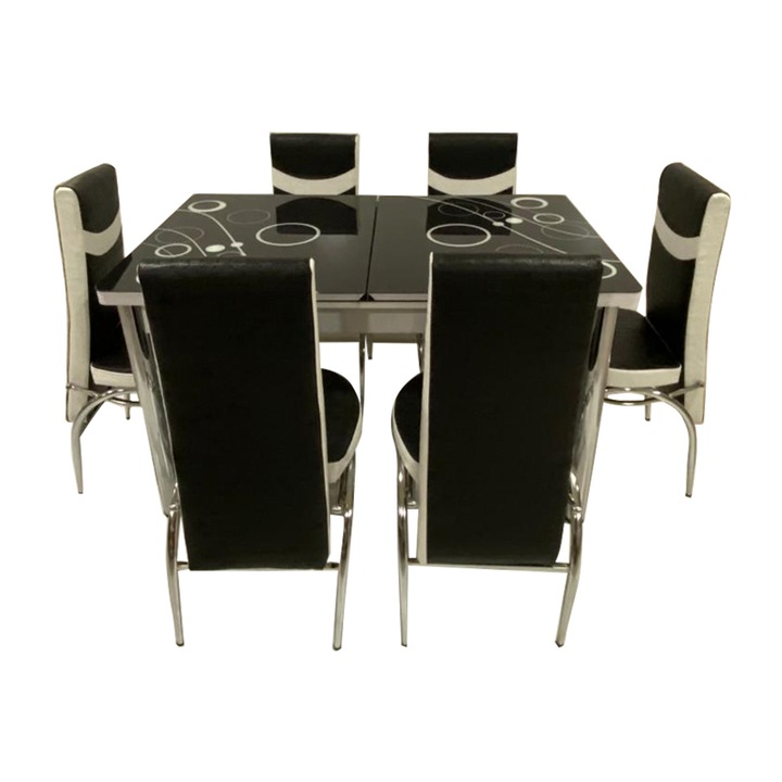 Set Masa extensibila cu 6 scaune Bubble Modella pentru bucatarie Negru, 170x80x70 cm, blat sticla securizata, scaune piele eco