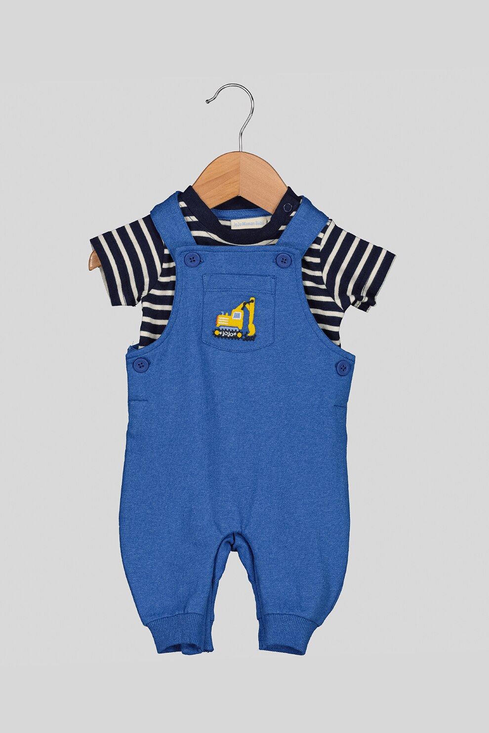 JoJo Maman Bebe, Salopeta de bumbac cu tricou in dungi, Albastru melange/Alb prafuit