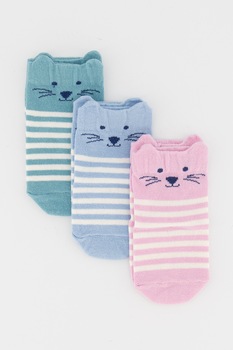 JoJo Maman Bebe, Set 3 perechi de sosete, fete, cu dungi si pisicute, Multicolor, Multicolora JoJo Maman Bebe, Set 3 perechi de sosete, fete, cu dungi si pisicute, Multicolor, Multicolora