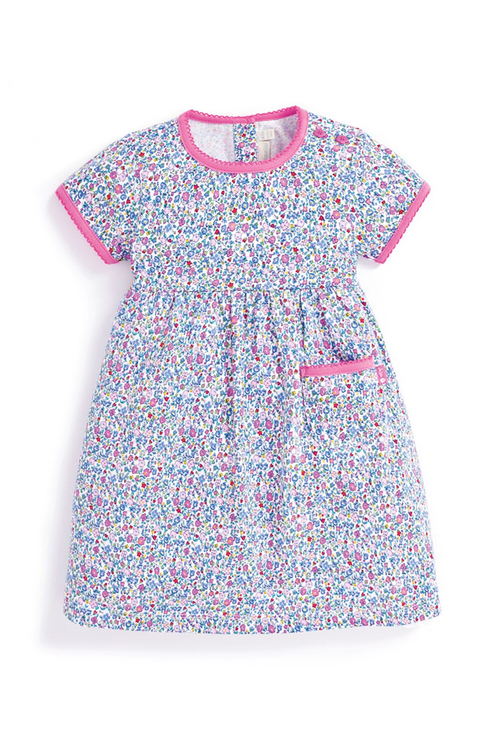 JoJo Maman Bebe, Rochie cu imprimeu floral si buzunar lateral, Albastru/Roz/Galben