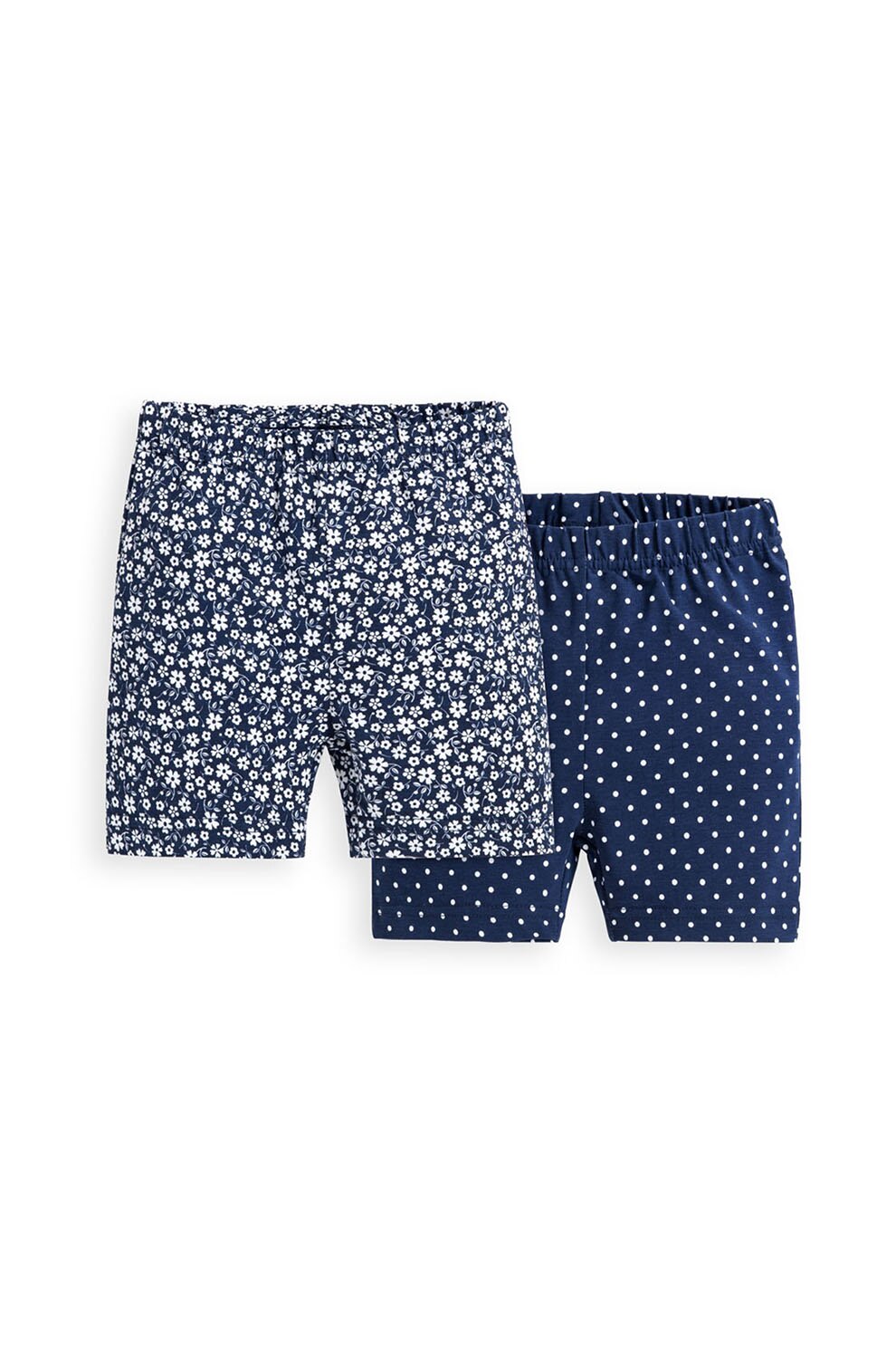 JoJo Maman Bebe, Set 2 perechi de pantaloni scurti, fete, cu buline si imprimeu floricele, Bleumarin/Alb, Bleumarin/Alb