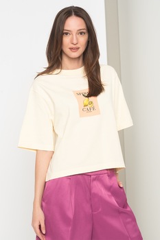 Maison Scotch, Tricou de bumbac organic cu imprimeu, Crem/Roz somon, M Maison Scotch, Tricou de bumbac organic cu imprimeu, Crem/Roz somon, M