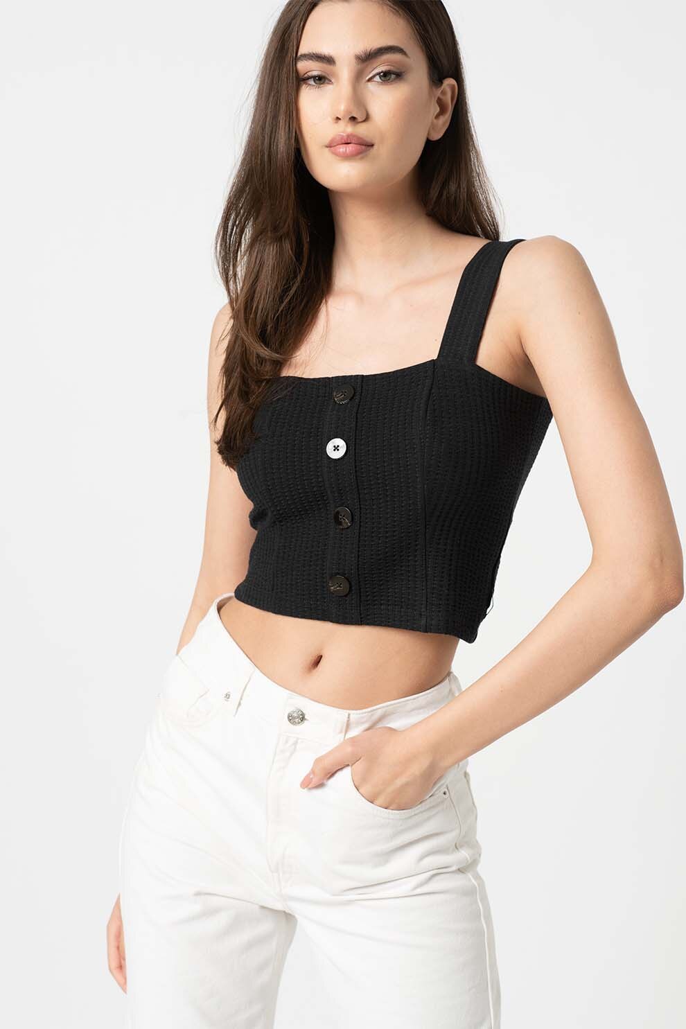 Maison Scotch, Top crop din amestec de bumbac organic si aspect striat, Negru