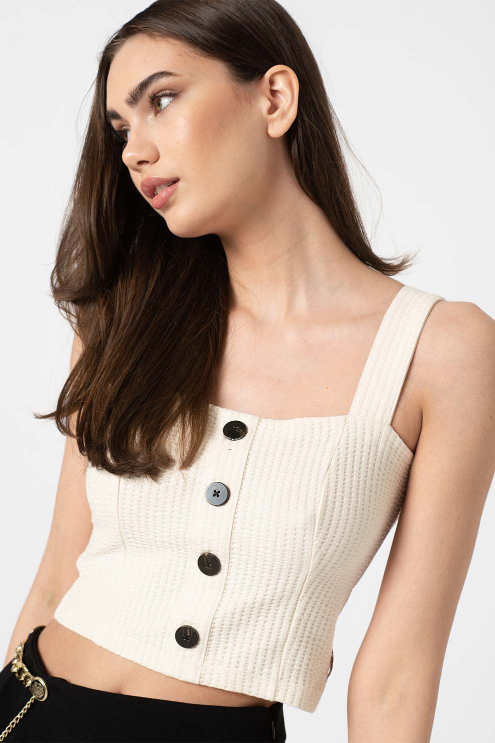 Maison Scotch, Top crop din amestec de bumbac organic si aspect striat, Alb prafuit