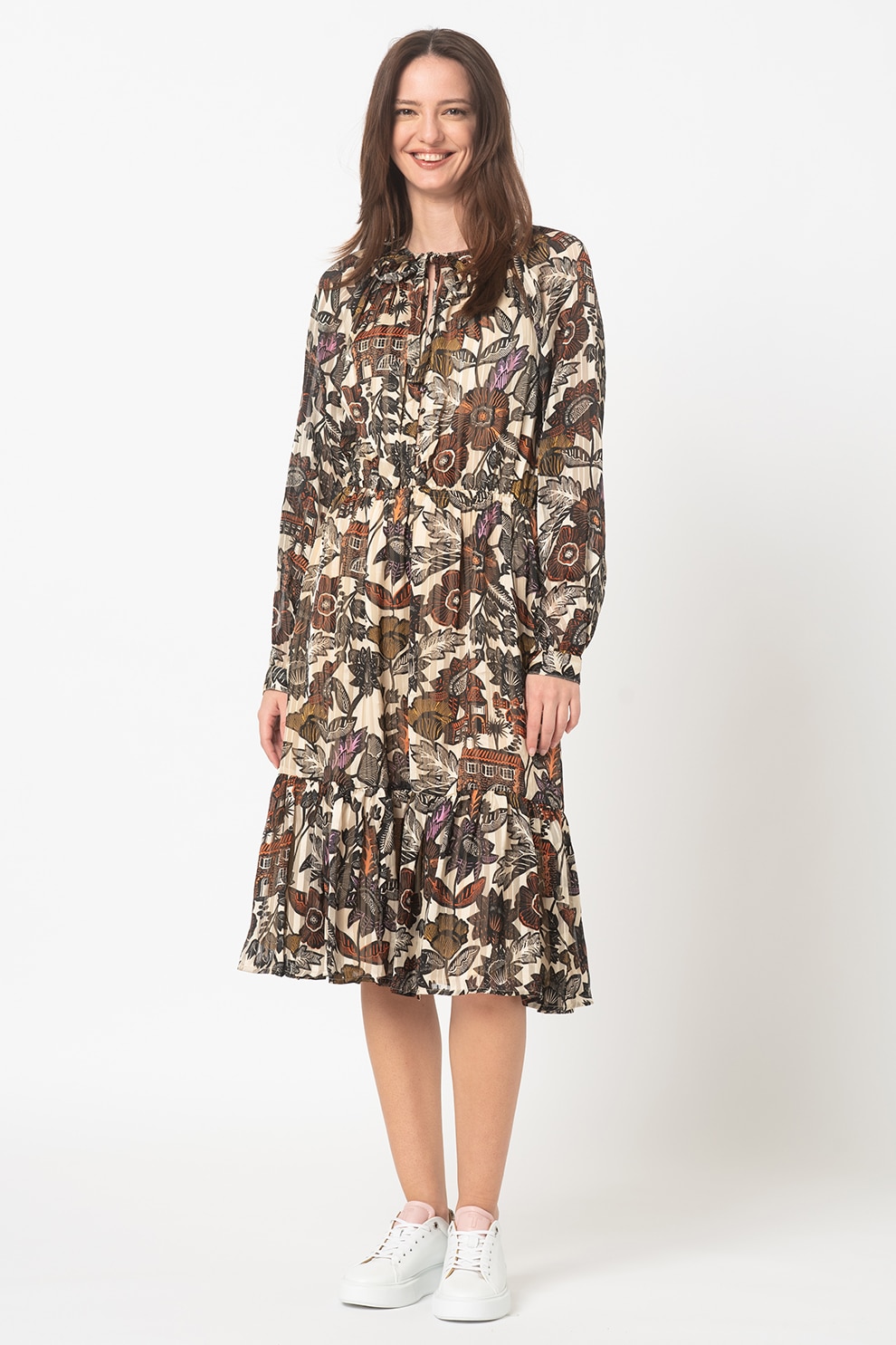 Maison Scotch, Rochie midi evazata cu model, Negru/Oranj/Purpuriu, S