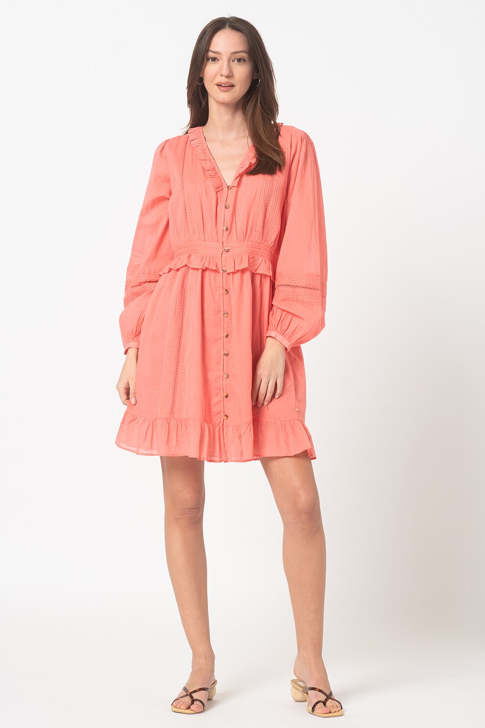 Maison Scotch, Rochie de bumbac organic cu nasturi, Corai