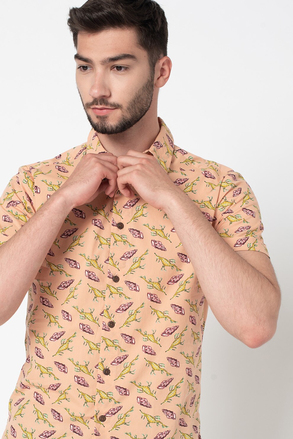 Scotch & Soda, Camasa de bumbac cu maneci scurte, Oranj persan/Galben/Lila