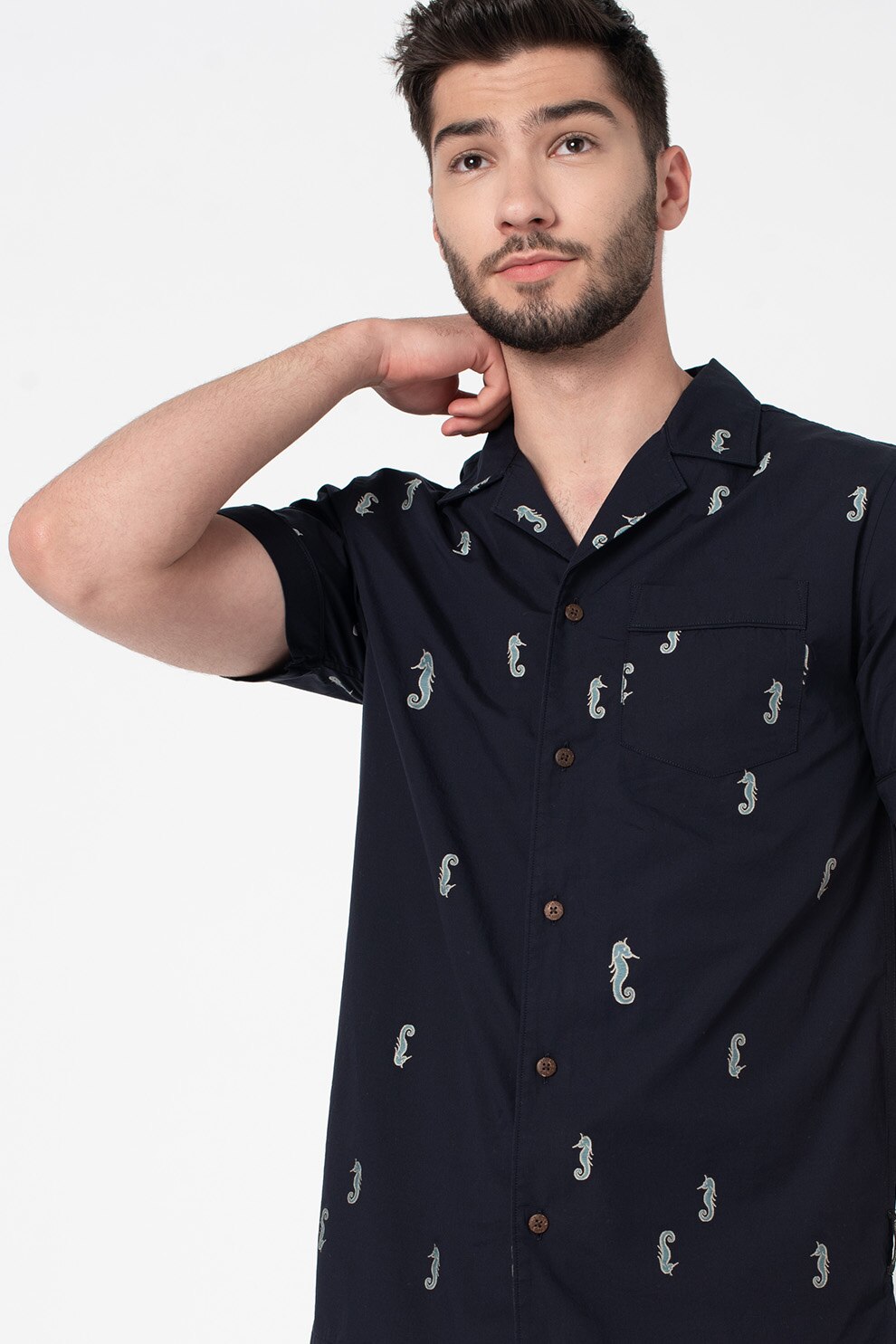 Scotch & Soda, Camasa cu maneci scurte si model grafic, Bleumarin/Verde persan/Alb