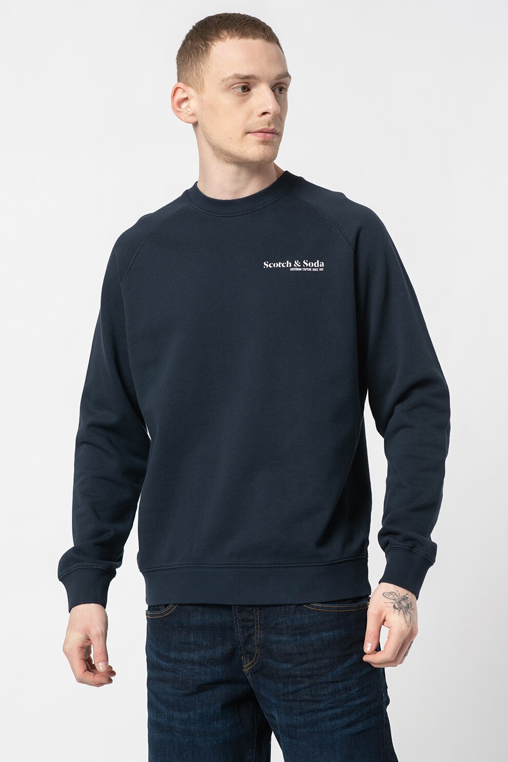 Scotch & Soda, Bluza sport de bumbac organic cu maneci raglan, bleumarin inchis