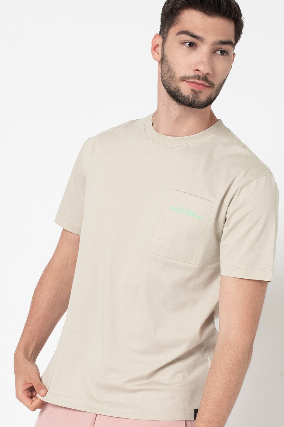 Scotch & Soda, Tricou de bumbac cu detaliu pe piept, Maro nisip