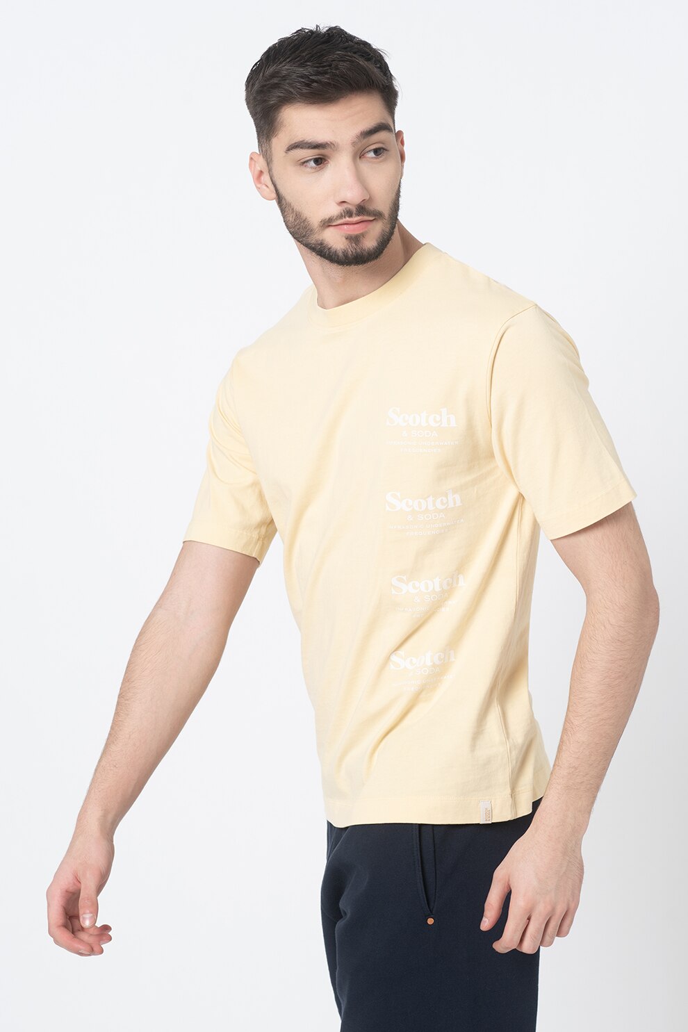 Scotch & Soda, Tricou de bumbac organic cu detaliu logo, galben pal