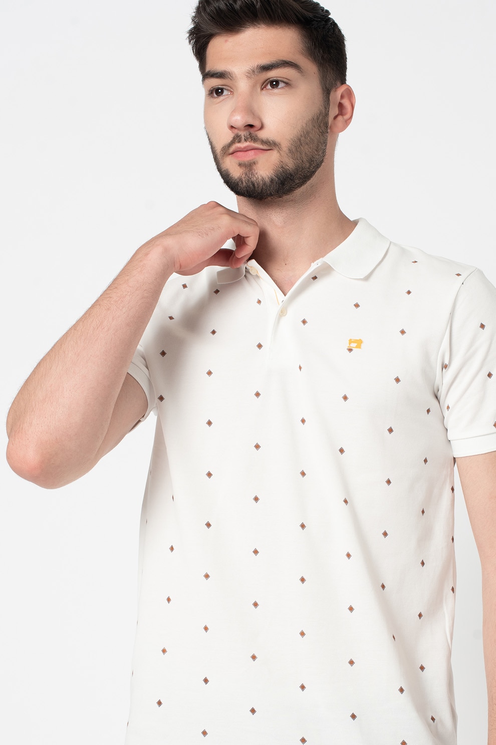 Scotch & Soda, Tricou polo de bumbac organic cu model, Alb/Maro scortisoara, S