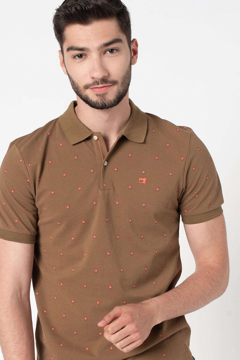Scotch & Soda, Tricou polo de bumbac organic cu model, Verde militar/Oranj, S