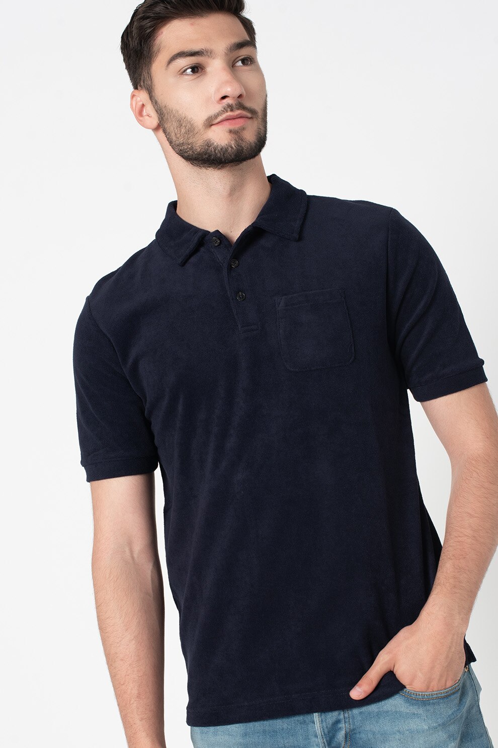 Scotch & Soda, Tricou polo terry din bumbac original cu buzunar, Bleumarin