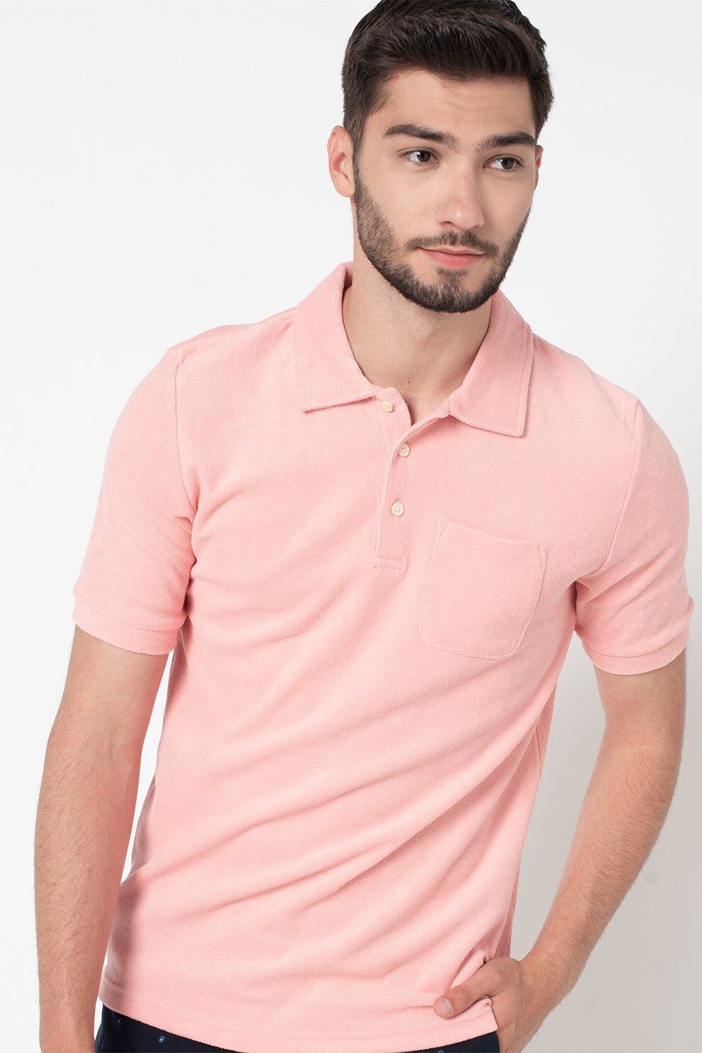 Scotch & Soda, Tricou polo terry din bumbac original cu buzunar, Roz pastel