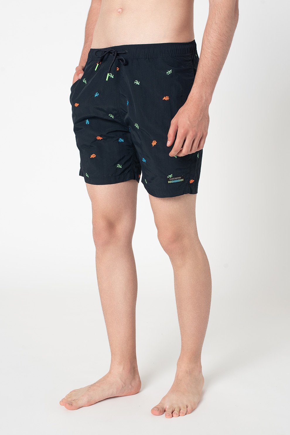 Scotch & Soda, Pantaloni scurti de baie cu model cu corali, Bleumarin/Oranj/Verde pal