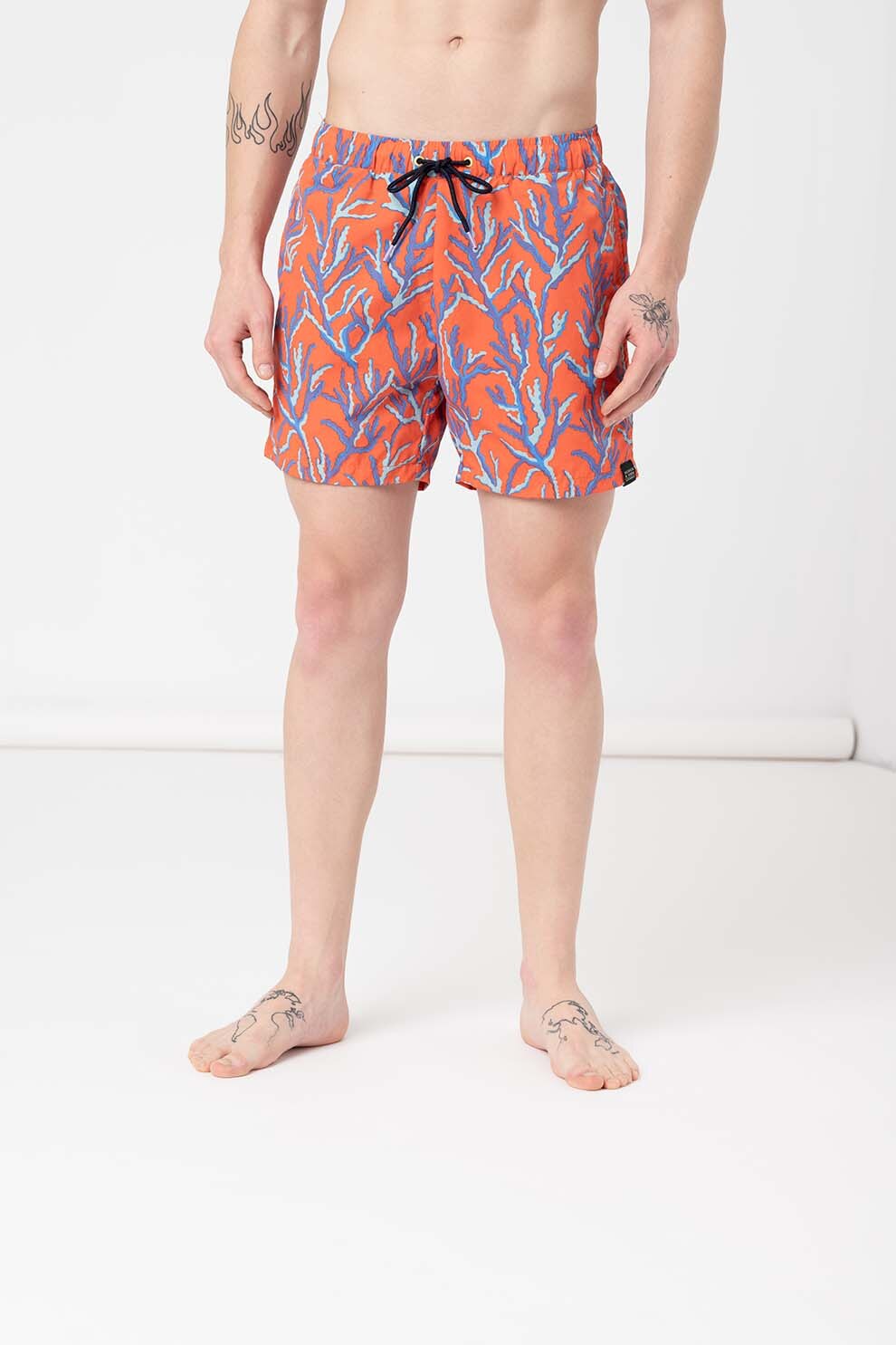 Scotch & Soda, Pantaloni scurti de baie cu model grafic, Rosu vermillon/Albastru
