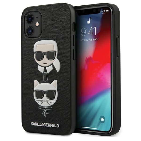 Husa compatibila cu iPhone 12 Mini Karl Lagerfeld Saffiano Ikonik Karl&Choupette Neagra