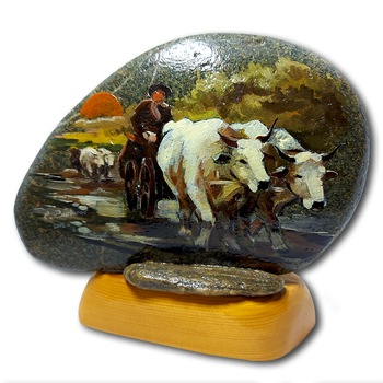Decoratiune ArtDeco Car cu boi, pictiura in ulei pe piatra, dimensiuni 16 cm inaltime si 19 cm latime Decoratiune ArtDeco Car cu boi, pictiura in ulei pe piatra, dimensiuni 16 cm inaltime si 19 cm latime