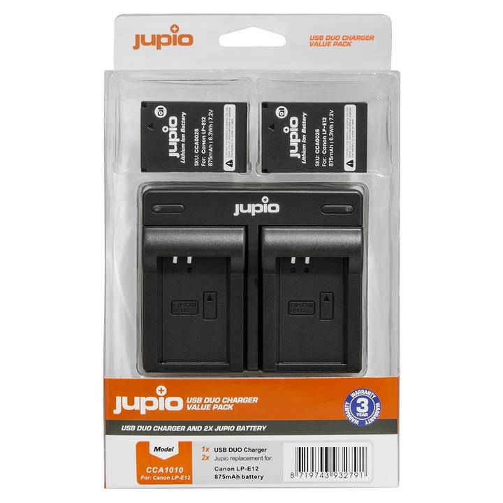 Kit Jupio, 2 Acumulatori LP-E12, si Incarcator cu doua baze si Port USB, Negru