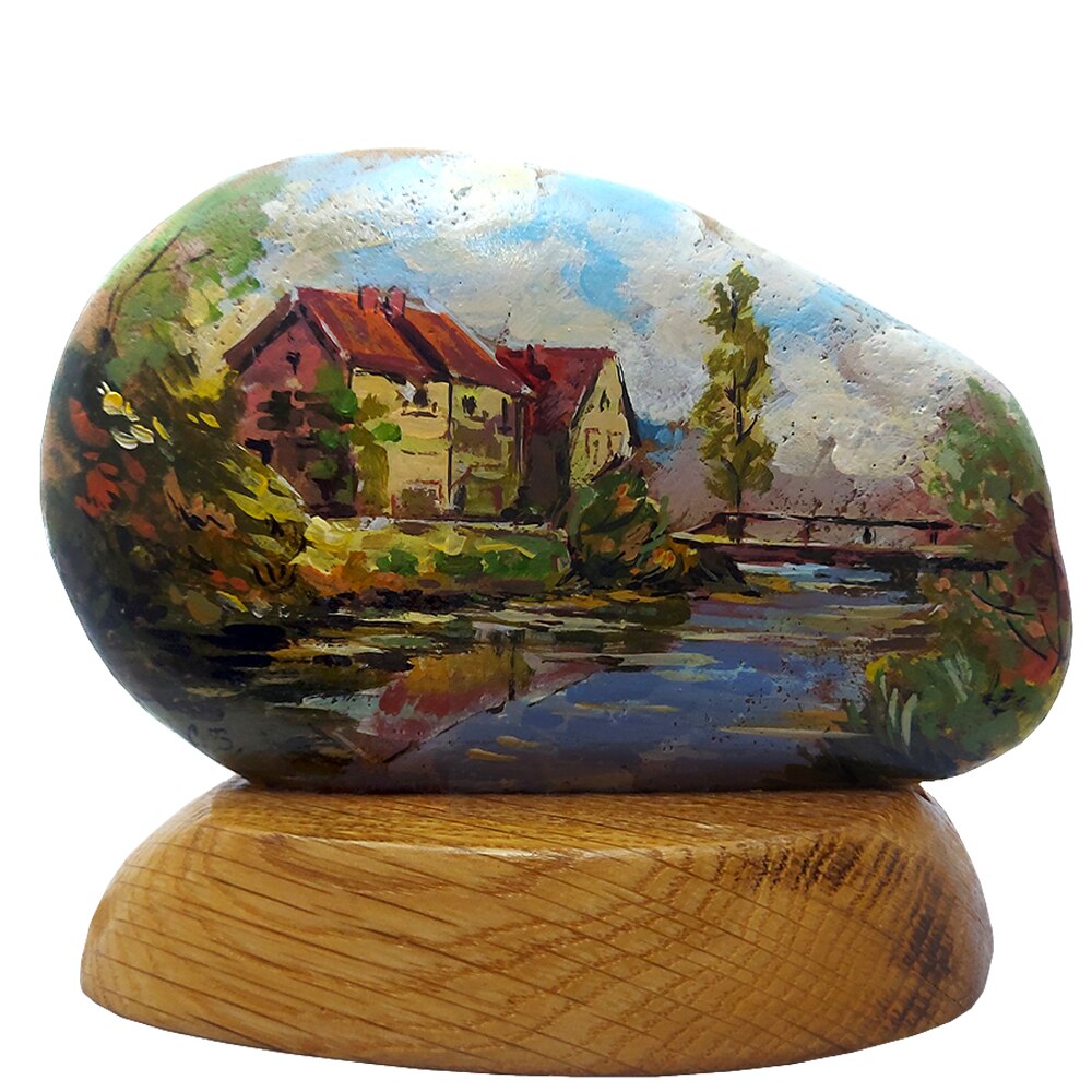 Decoratiune ArtDeco Peisaj de vara tarzie, pictura in ulei pe piatra, dimensiuni 13 cm inaltime si 16 cm latime