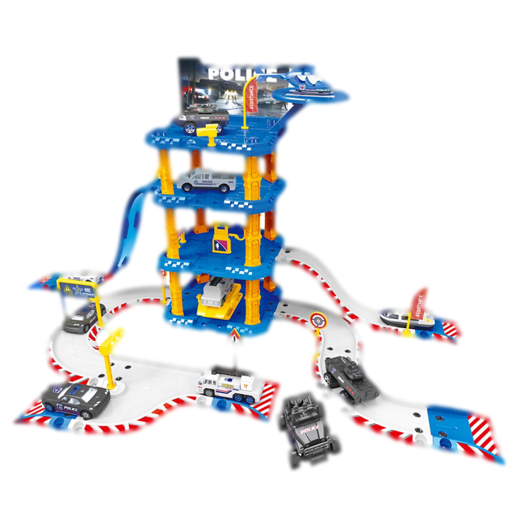 Set masinute, Parcare supraetajata, Statia de Politie, masinute de metal, 66 piese