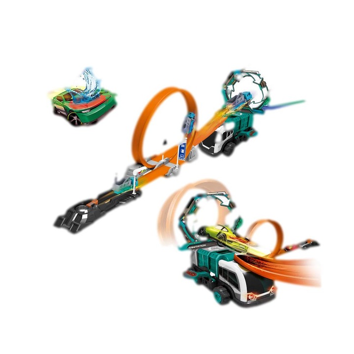 Set masinute Pista cu bucla cu rotatie 360grade, masinuta isi schimba culoarea la apa rece-calda
