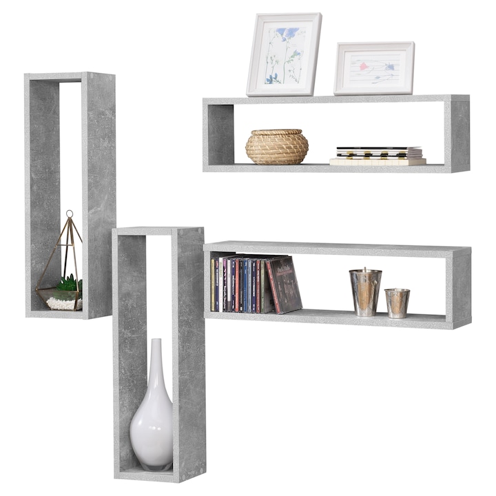 [en.casa]® Négyrészes falipolc Fagernes melaminrétegelt forgácslap 59 x 14,5 x 17 cm betonszürke