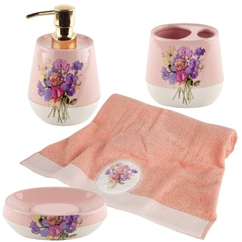 Set Accesorii de Baie, PINK FLOWER, 4 Piese Set Accesorii de Baie, PINK FLOWER, 4 Piese
